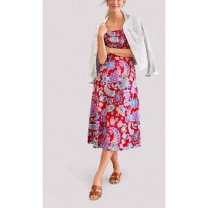 Talbots Red Fantastic Paisley Print Smocked Fit & Flare Midi Dress Sz 20W Boho